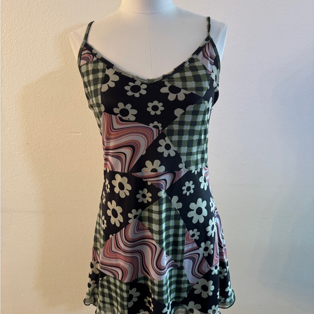 REINVENT MYSELF MESH MINI DRESS Current Mood Dolls Kill M Patchwork 90s plaid